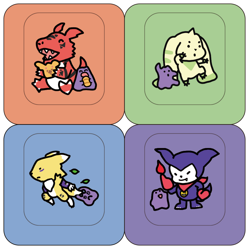 디지몬x 메타몽 LED 4구 키캡 키링 테이머즈 세트